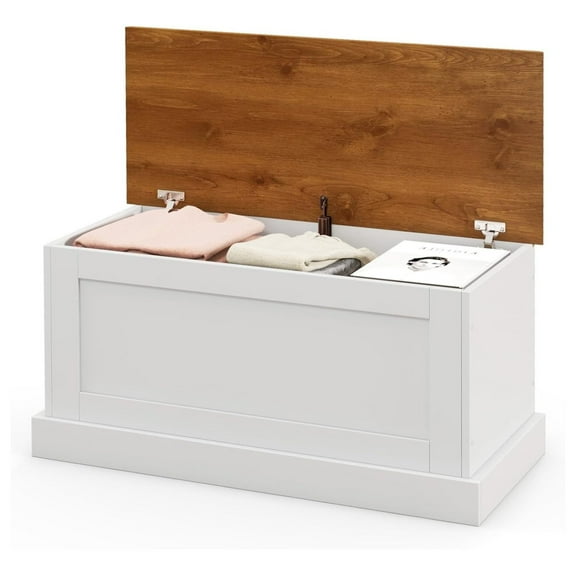 35.5” Storage Bench, Lift Top Storage Box with Metal Hinges, Entryway Storage Chest with Safety Hydraulic Strut, Large Farmhouse Storage Trunk for Living Room, Bedroom, White and Natural