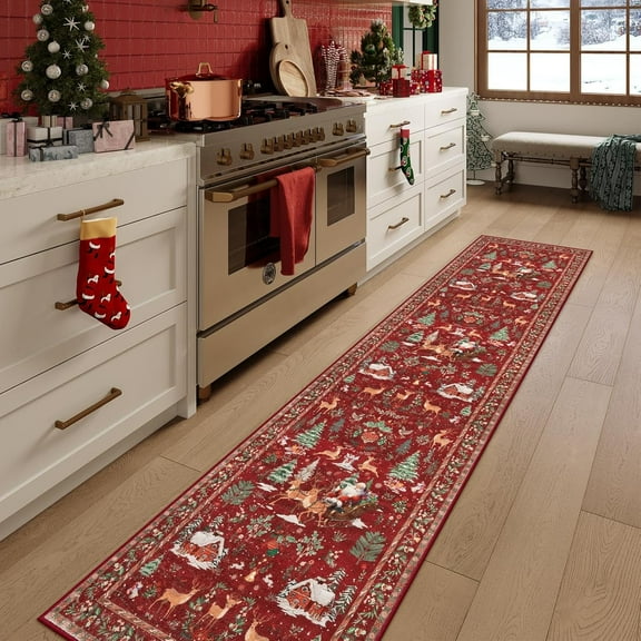 Christmas Rug 19.69x70.87 Inch, Washable Hallway Christmas Runner Rug, Non-Slip Low-Pile Soft Kitchen Rug, Vintage Xmas Holiday Decor Throw Entry Foyer Mat for Entrance Laundry Living Room, Red