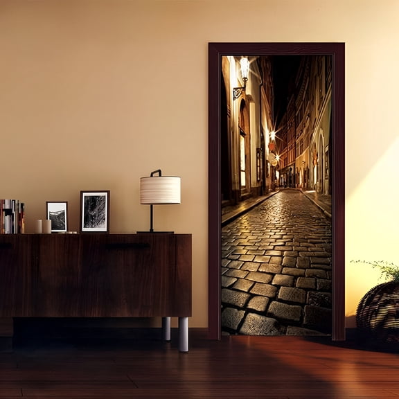 Door Wallpaper Murals 3D Alley at Night, CUGBO Wallpaper Sticker Removable Self Adhesive Vinyl Art Door Decals for Home Apartment Office Decoration