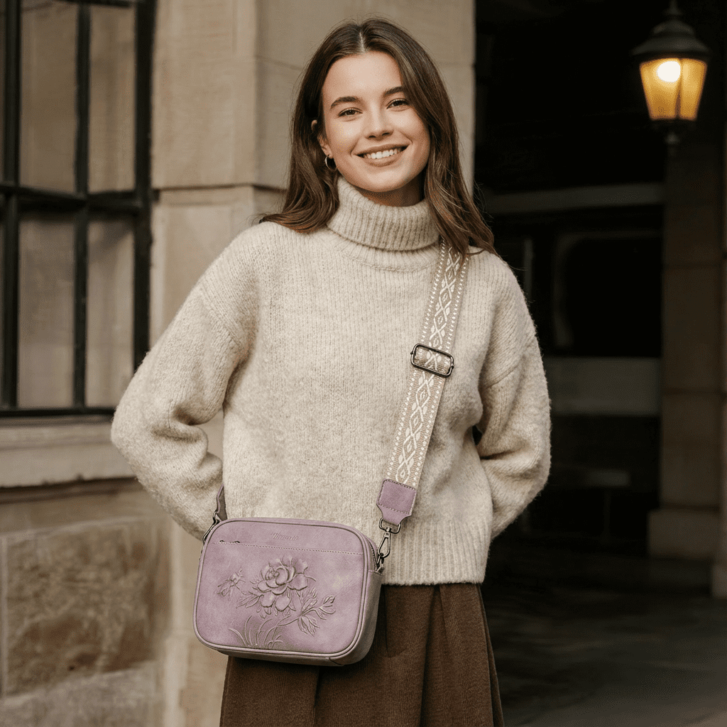 APHISON Crossbody Purse for Women, Rose Embossed Crossbody Phone Handbags with Adjustable Guitar Strap Hollow Everyday Crossbody Holiday Present Outfit Upgrade
