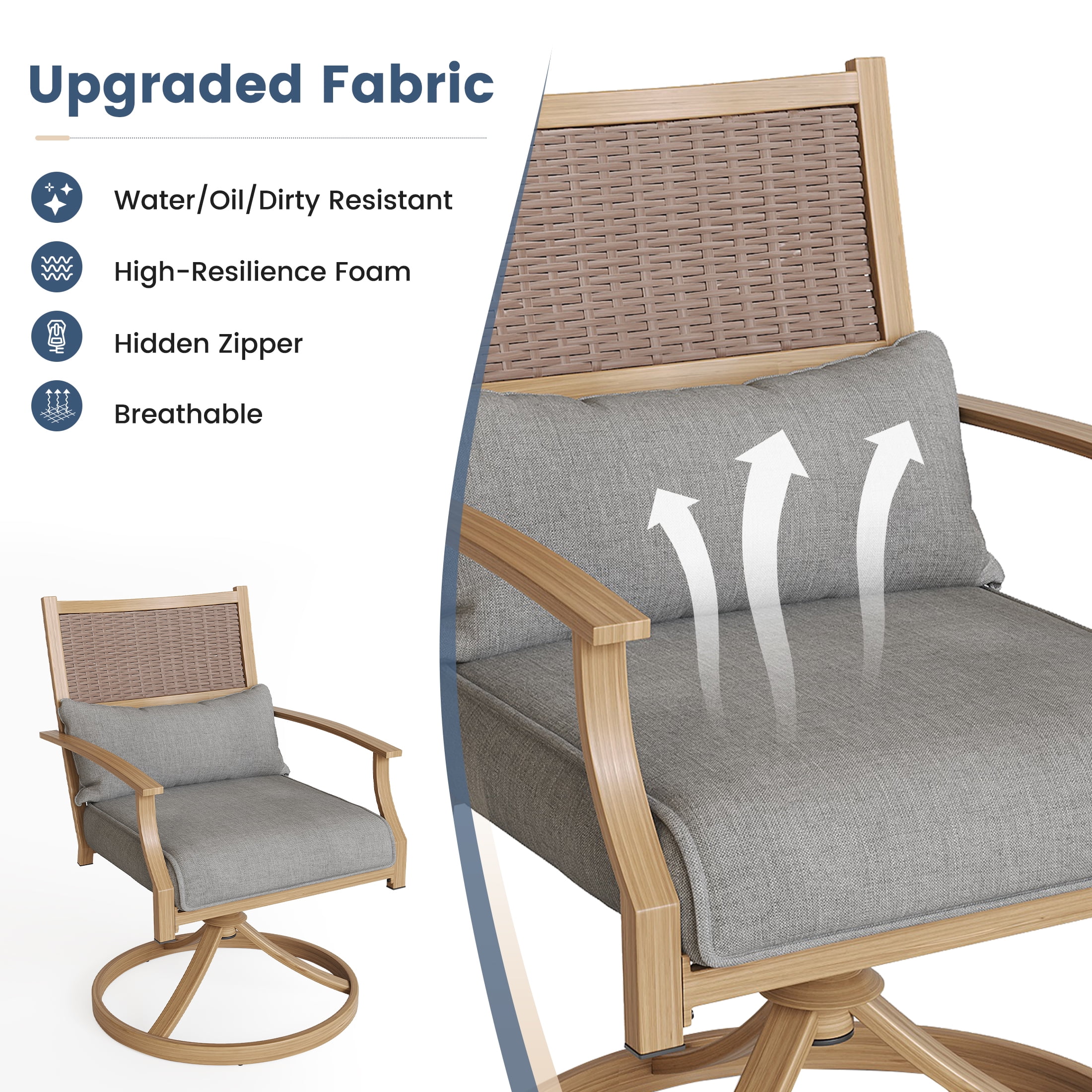 Poteban 3 Pieces Patio Swivel Chairs Set of 2 with Wicker Table, Bistro Set with Swivel Rocker Chair, Outdoor Furniture with Thickened Cushions for Porch Backyard Deck (Gray)
