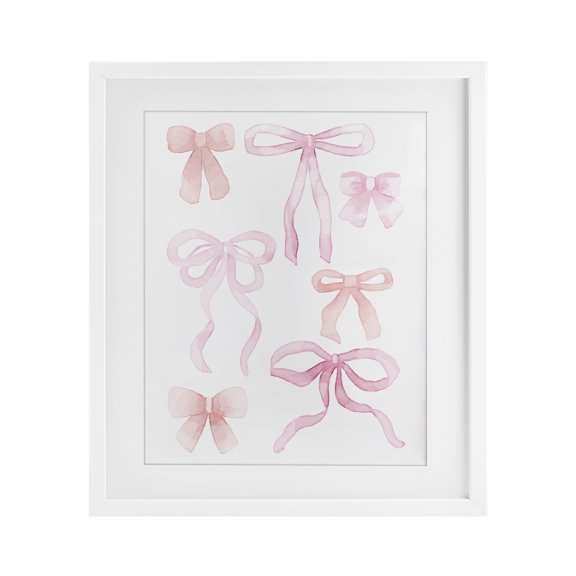 Pink Watercolor Bows White Framed Print Under Glass, design by Kim Allen