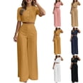 thumbnail image 2 of Women's Dressy Wide Leg 2 Piece Outfits, Puff Sleeve Elegant Crop Blouse Summer Business Vacation Matching Sets, 2 of 7