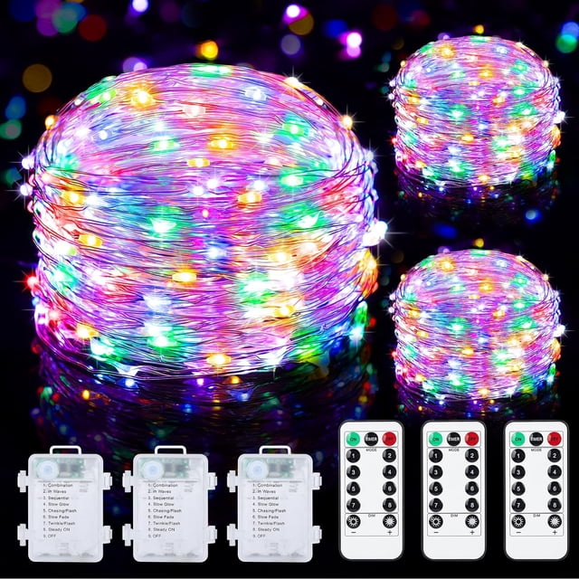 Mlambert Paquete de 3 luces de cadena de hadas de 33 pies con pilas con control remoto y temporizador, 100 LED regulables, alambre plateado impermeable, 8 modos de iluminación centelleante para dormit