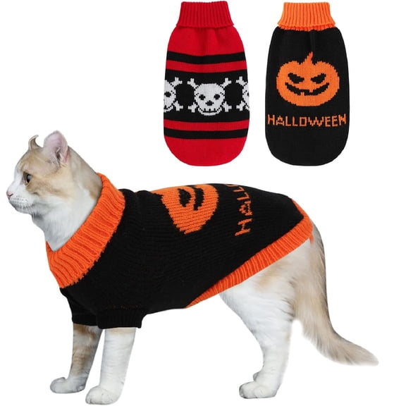 Yhmxh Halloween Cat Sweater, Pet Holiday Halloween Pumpkin Pet Clothes Dog Sweater, Turtleneck Knitted Pumpkin Sweaters for Cat Kitten, Sweater Warm Winter Knit Pullover Knitwear for Small Dogs