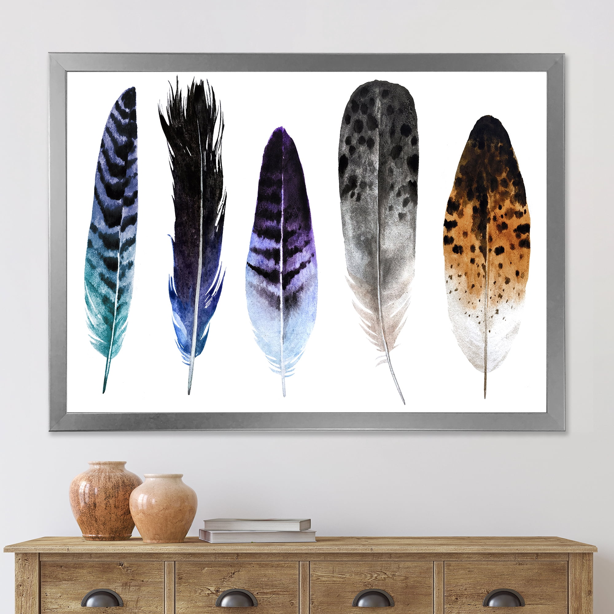 Designart 'Colourful Boho Art Feathers II' Bohemian & Eclectic Framed Art Print