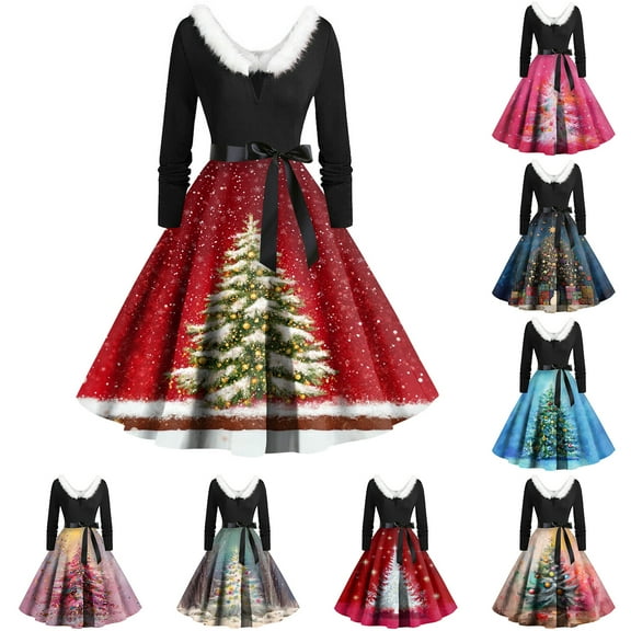 Christmas Dresses for Women Women's Fashion Round Casual Slim Fit Christmas Print Large Swing Long Sleeve Dress for Holiday Party,Dark Blue,L