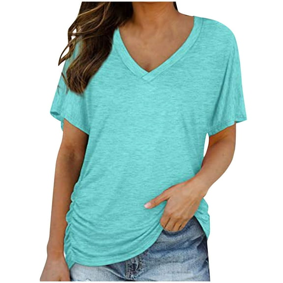 ClodeEU Womens Summer Short Sleeve V Neck T-Shirts ,Trendy Lightweight Soft Loose Fit Tee Light Blue,Womens Plus M