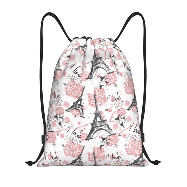Saiise Paris Pattern Sports Drawstring Backpack - String Swim Gym Bag with Wet Proof Pocket for Women&Men-Small