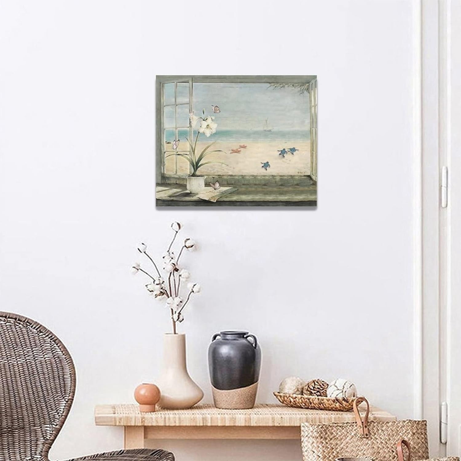 Beach Bathroom Wall Art Coastal Flower Ocean Turtle Butterfly Pictures Bathroom Wall Decor Floral Bathroom Canvas Prints Painting Beach Decorations Framed Artwork for Bathroom Bedroom 20"x16"