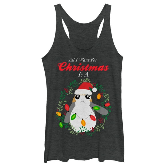 Women's Star Wars The Last Jedi All I Want for Christmas is a Porg Racerback Tank Top Black Heather Large