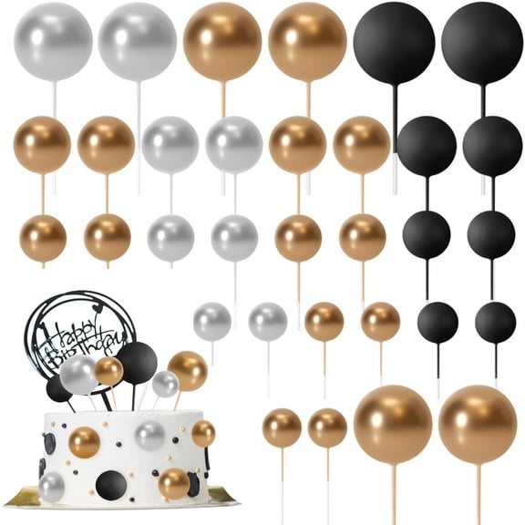 Wedding Cake Toppers, 32 Pcs Ball Cake Decorations on Sticks, Mini Foam Ball and Balloon Picks for Birthday Party Decorating