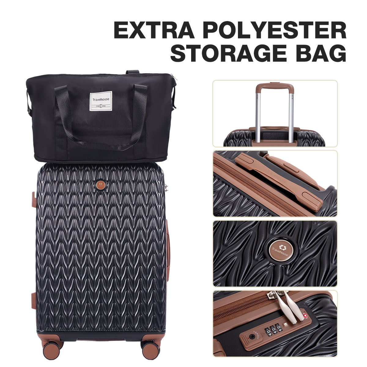 Travelhouse Luggage Set 6 Piece Hardside Suitcase TSA Lock Spinner Wheels 6 Pcs Hardshell Luggage with Duffel Bag.(Black)