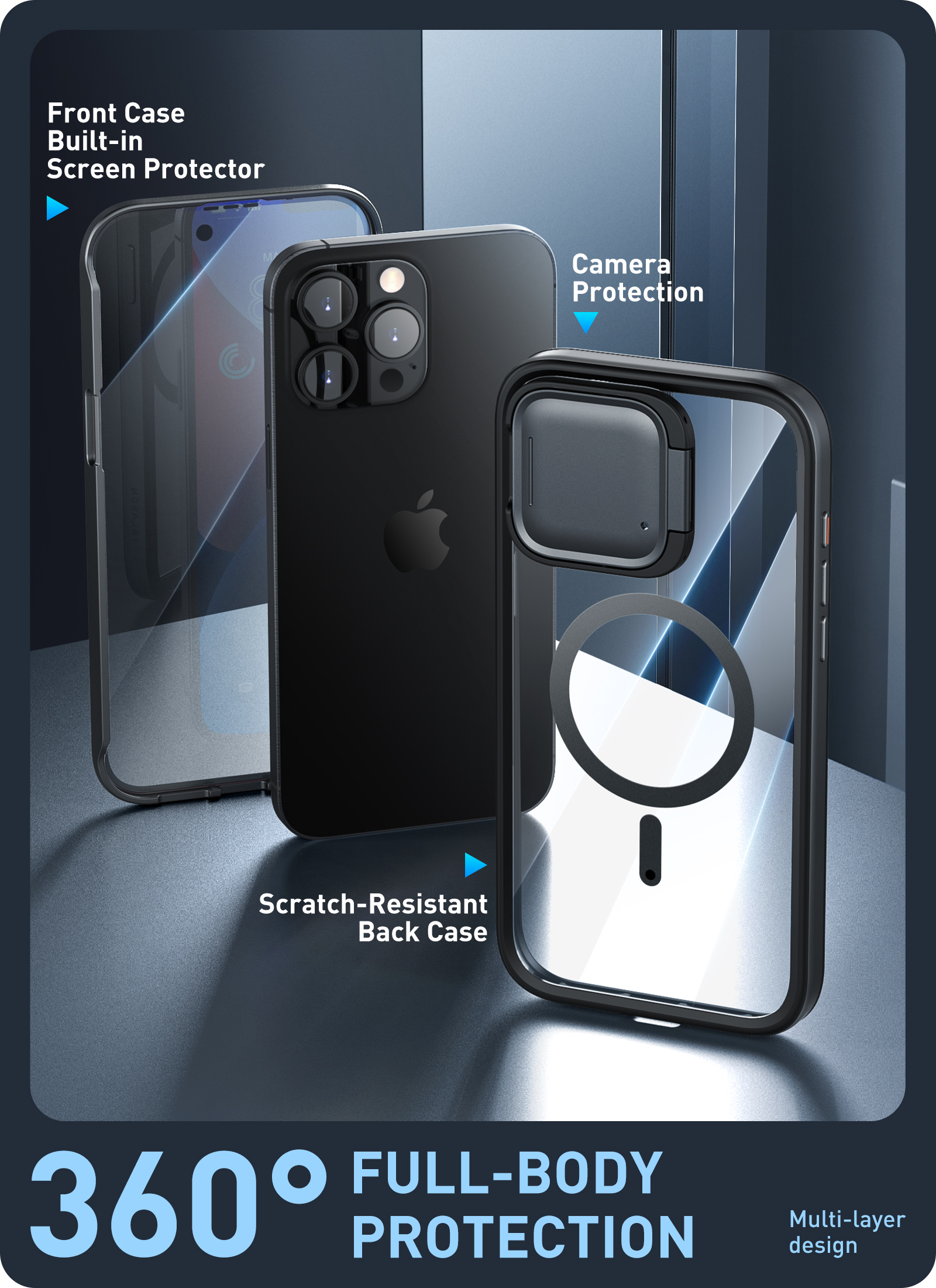 i-Blason Shield Mag for iPhone 15 Pro Max Case 6.7 inch with Camera Cover Stand, Compatible with MagSafe Clear Full-Body Shockproof Rugged Bumper Protective Case with Built-in Screen Protector (Black)