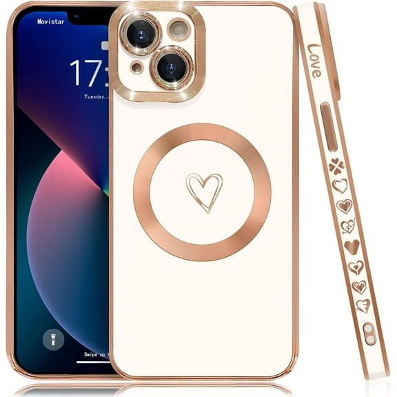 Compatible with iPhone 13 Case Magsafe, Cute Heart Pattern Luxury Plating Full Camera Lens Protection Magnetic Case for iPhone 13 for Women Girl-White