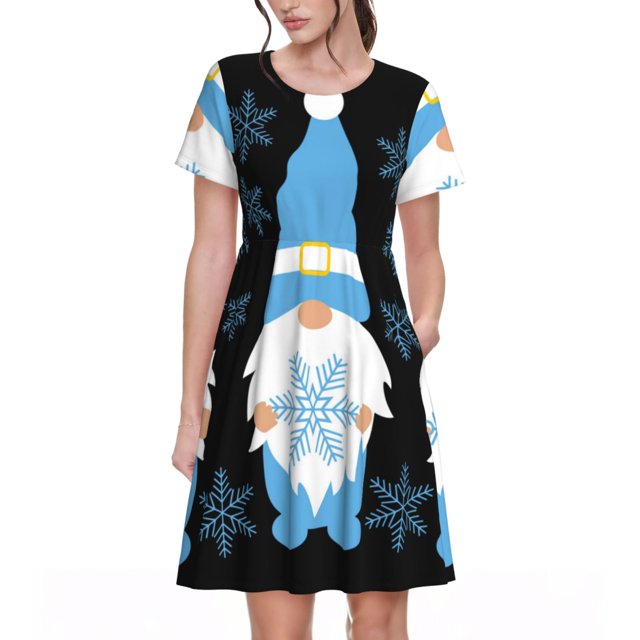 Balery Christmas Gnome Snowflake Vestidos sueltos de manga corta para mujer, vestidos de verano 2025, vestidos casuales de corte A con vuelo.