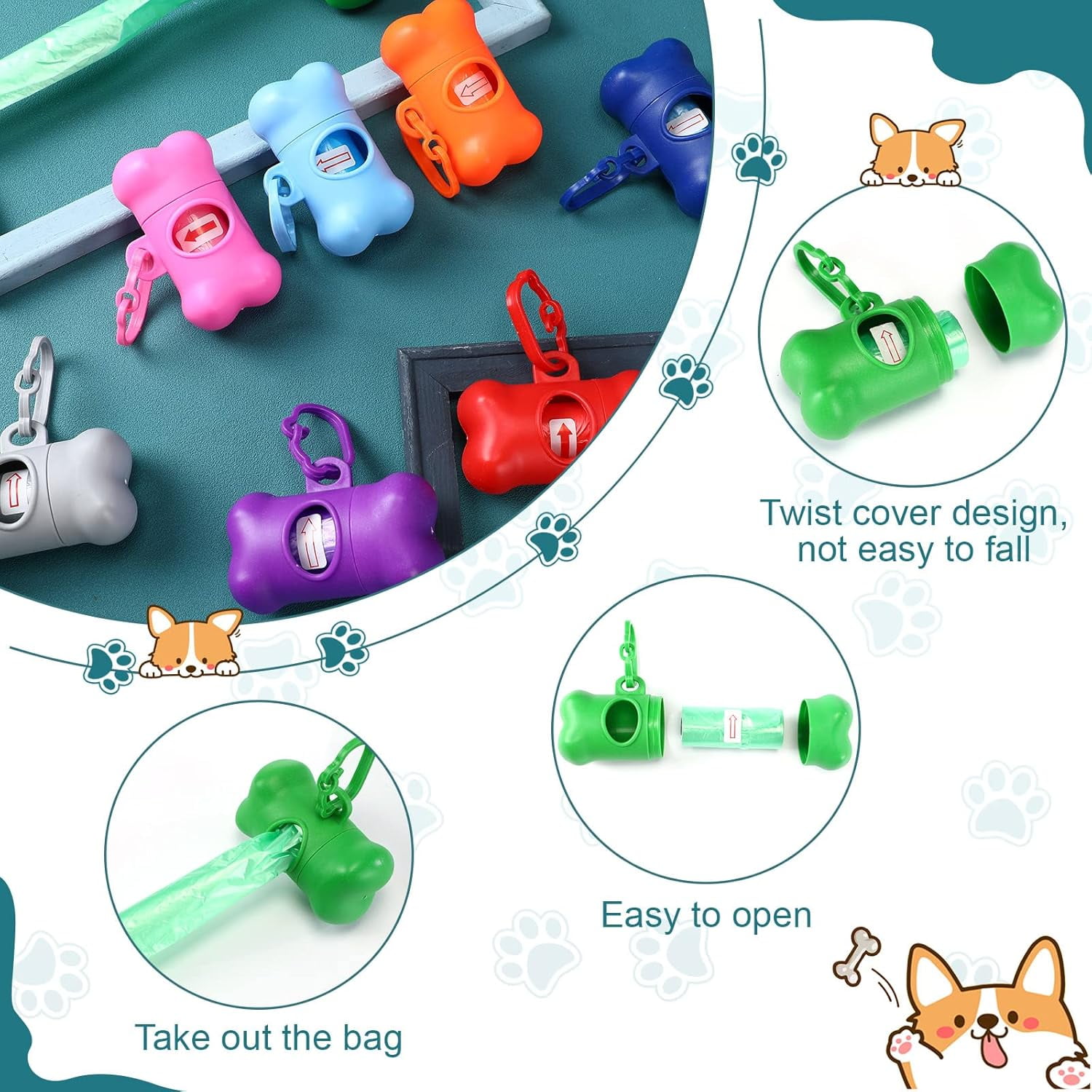 120 Pcs Bone Shaped Dog Poop Bag Dispensers with Disposal Small Dog Waste Bag Holder with Hook for Pet Puppy Walking Hiking Camping, 8 Colors