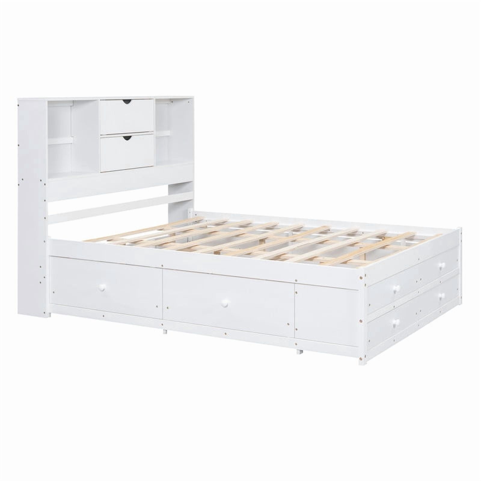 Queen Size Platform Bed with Bookcase Headboard, Storage Wooden Bed Frame with 8 Drawers