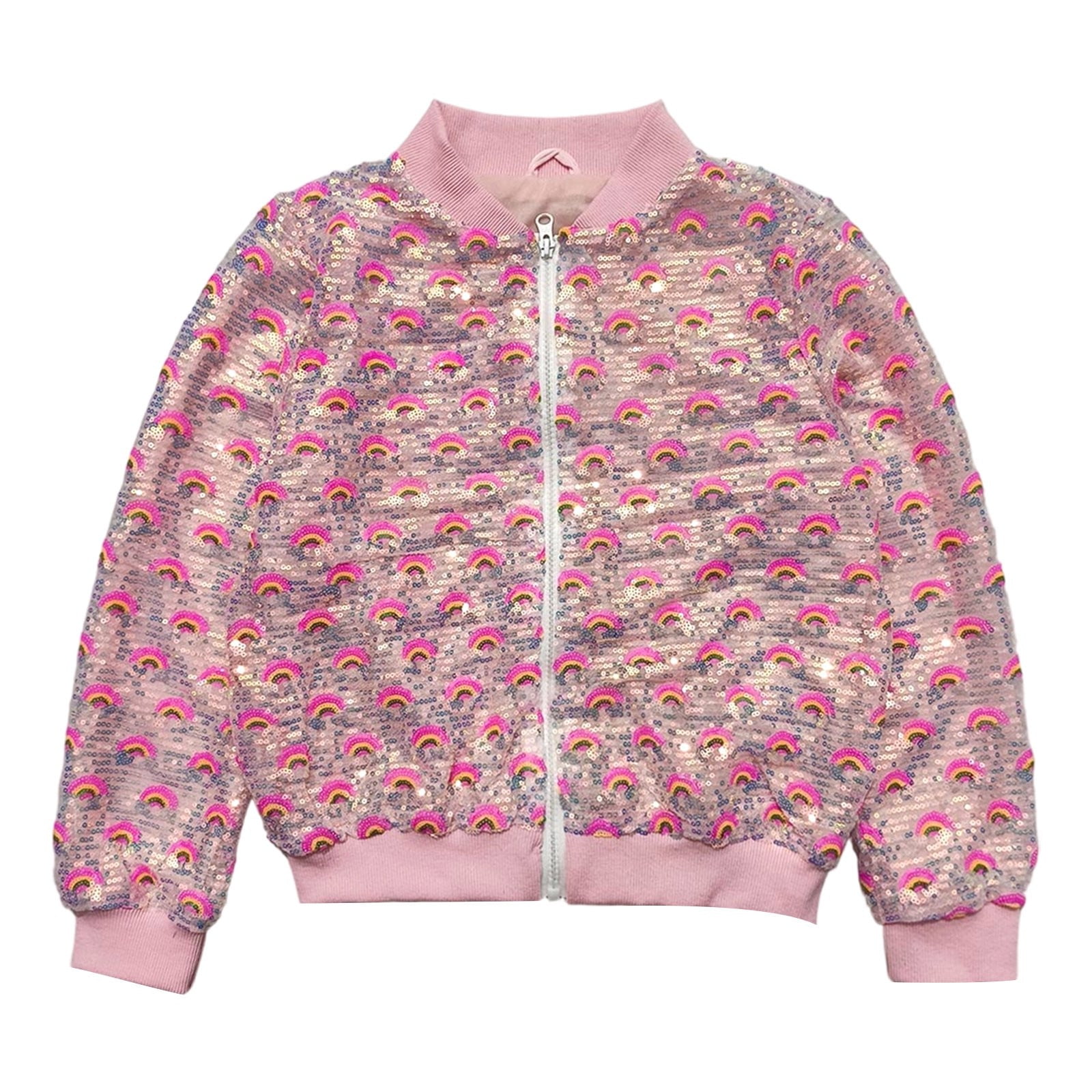 CAIVO Girls Rainbow Sequin Jacket Full Zip Rib Cuff Lined Long Sleeve Sparkly Kids Baseball Coats Party Casual Outerwear Relaxed Fit Dailywear