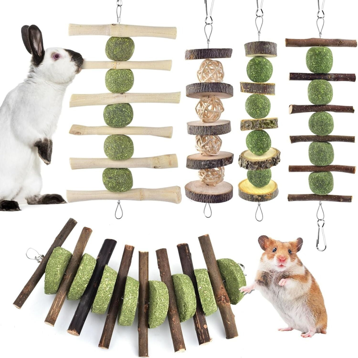 Bunny Chew Toys, Rabbit Chew Toys for Teeth Grinding, Improve Dental Health, 100% Natural Apple Wood Grass Cake Treats for Rabbits Guinea Pigs Chinchillas Bunnies Hamsters (5 Pcs)