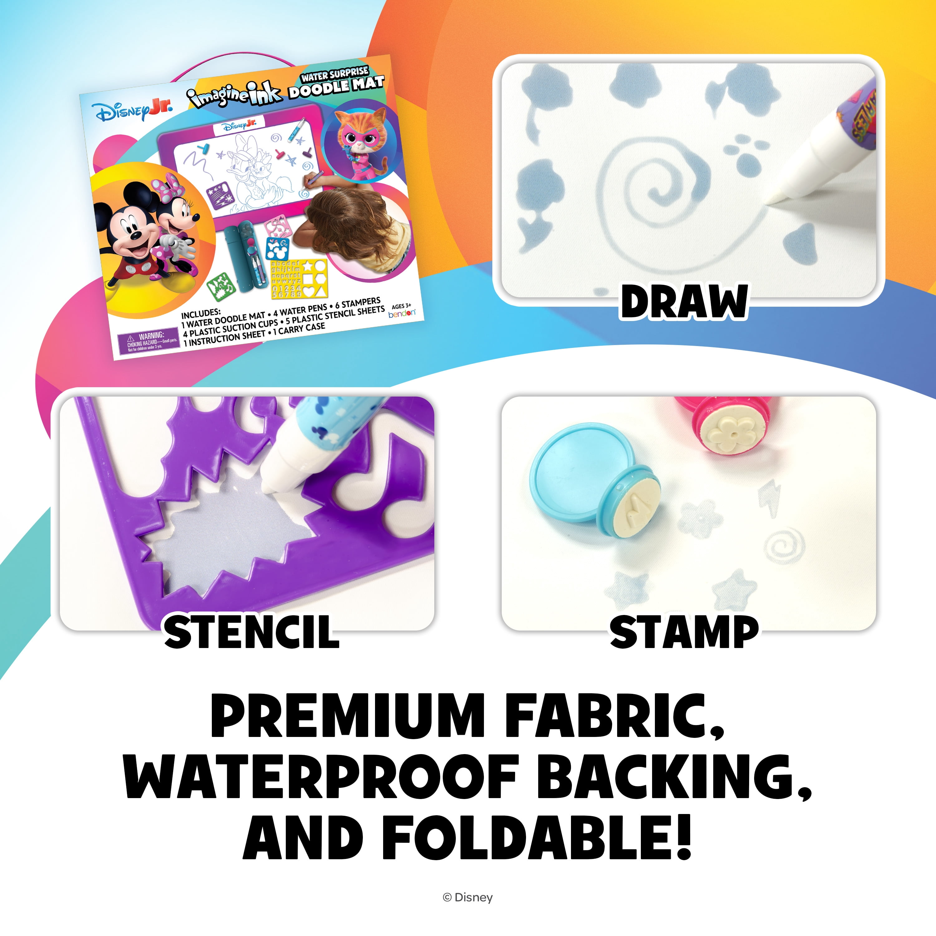 Disney Junior Water Surprise Doodle Mat for Toddlers & Preschoolers – Mess-Free Creative Art Play with Imagine Ink Pens, Stamps, and Stencils, Ages 3+