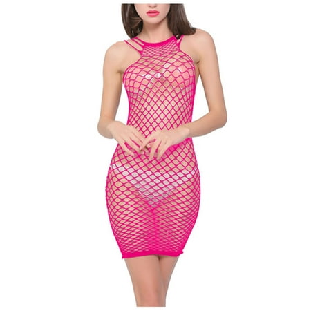 

DENGDENG Sexy Lingerie for Women Halter Fishnet Chemise Hollow Out Solid Bodysuit Babydoll
