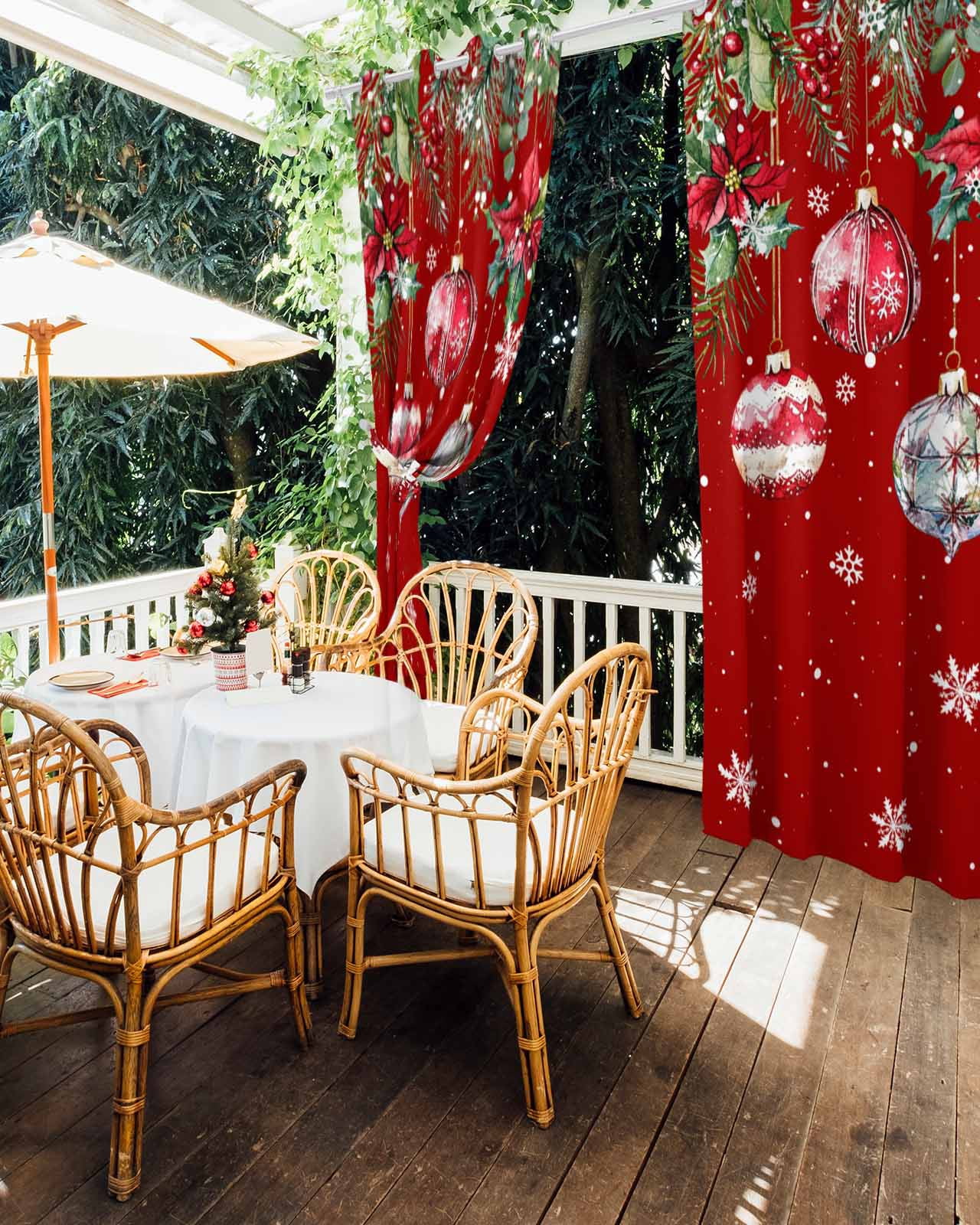 Outdoor Curtains for Patio, Red Christmas Balls Waterproof Blackout Outside Curtain for Porch/Pergola/Gazebo, Xmas Snowflake Botanical Thermal Insulated Drapes for Cabana, 1 Panel, 54 x 95 Inch