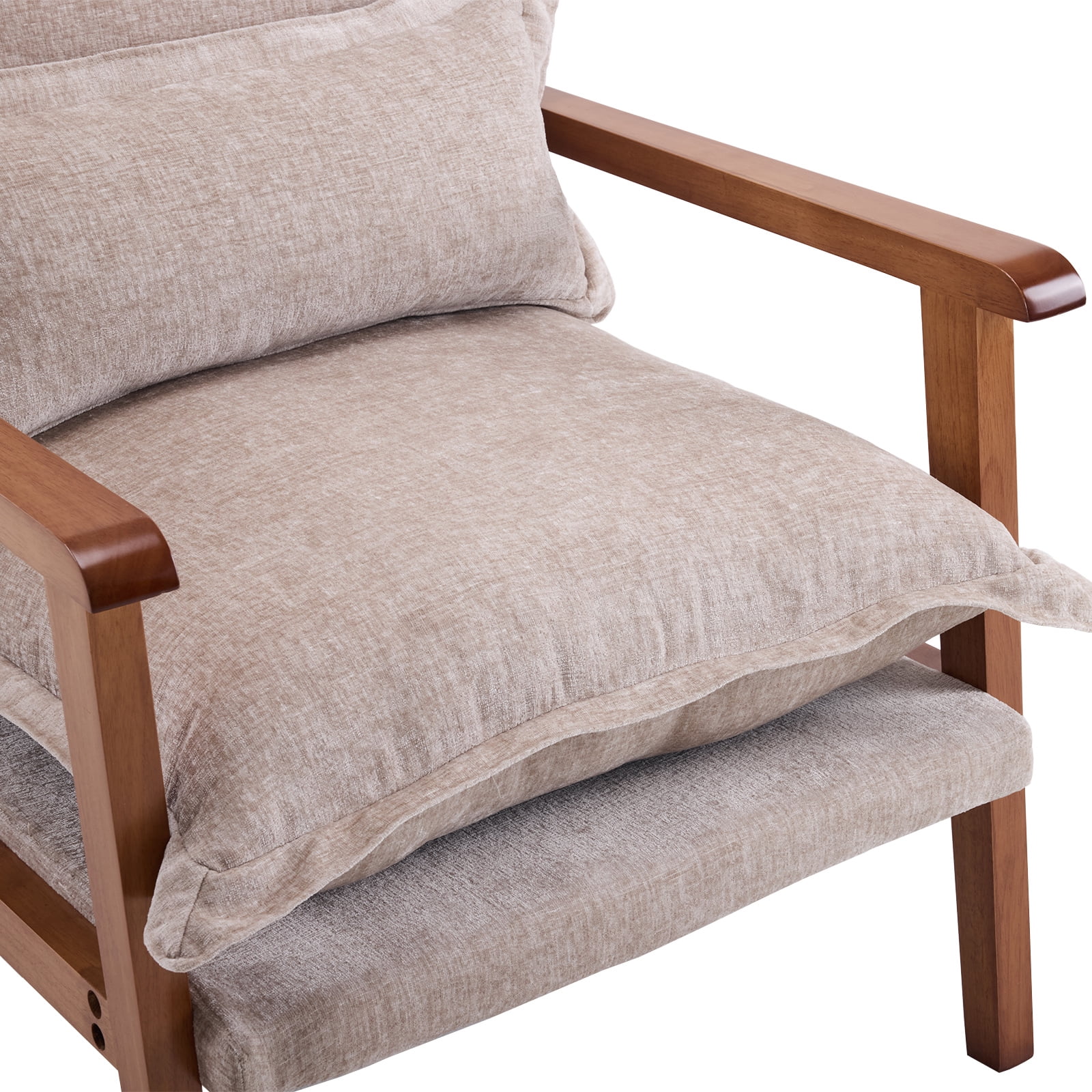 Cloud Shaped Khaki Chenille Accent Chair, Solid Wood Frame with Light Walnut Armrest, Ergonomic Single Leisure Sofa Chair with Lumbar Pillow for Bedroom Living Room Office