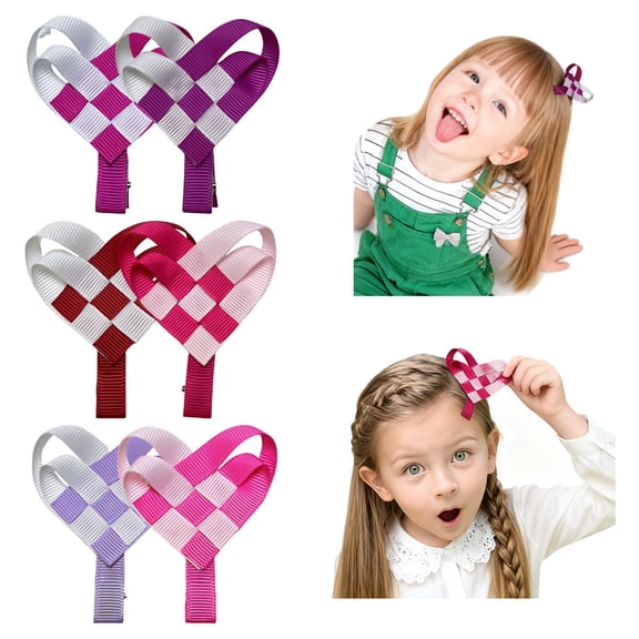 6pcs 6.8inch Girls' Woven Heart Hair Clips, Cute Checkered Ribbon Hair Accessories for Kids, Valentine's Day & Daily Headpieces in Multiple Colors girl bows for school