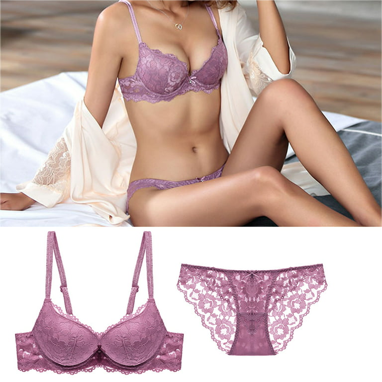 Linyer Lace Bra Set Push up Adjustable Girls Underwear Hollow Breathable  Lingerie Purple 32/70B