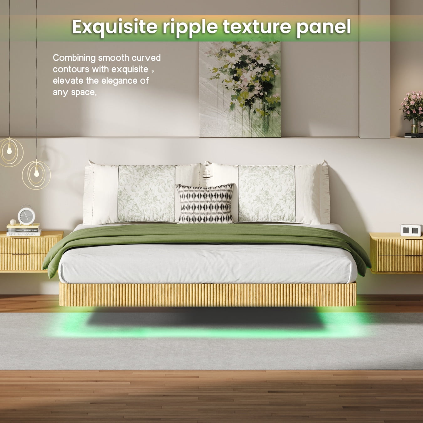 Floating LED Bed Frame King Size, Adjustable Color Lighting, Metal Platform with Under Bed Storage, No Box Spring Required, Tool-Free Assembly, Solid Oak Finish