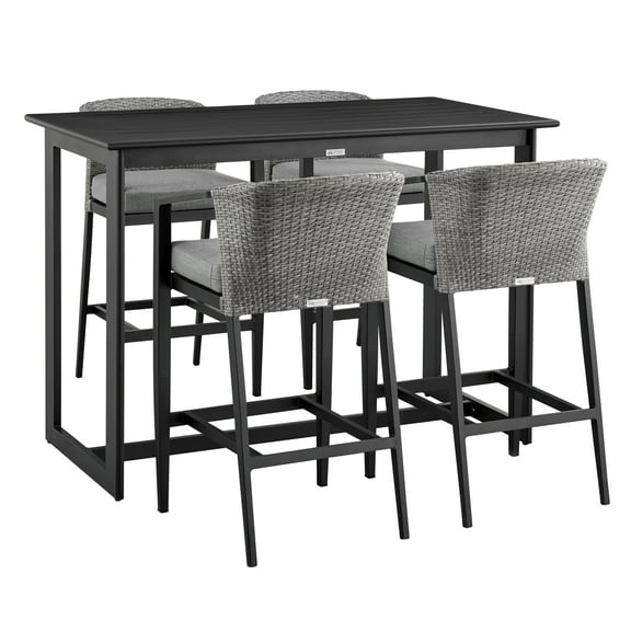 Armen Living Aileen Outdoor Patio 5-Piece Bar Table Set in Aluminum with Grey Cushions