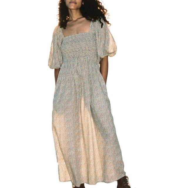 Gupgi Robe Bohème pour Femme à Encolure Carrée, Manches Bouffantes, Longue Robe à Fleurs, Décontractée, Vacances, Ample, Robe d'Été