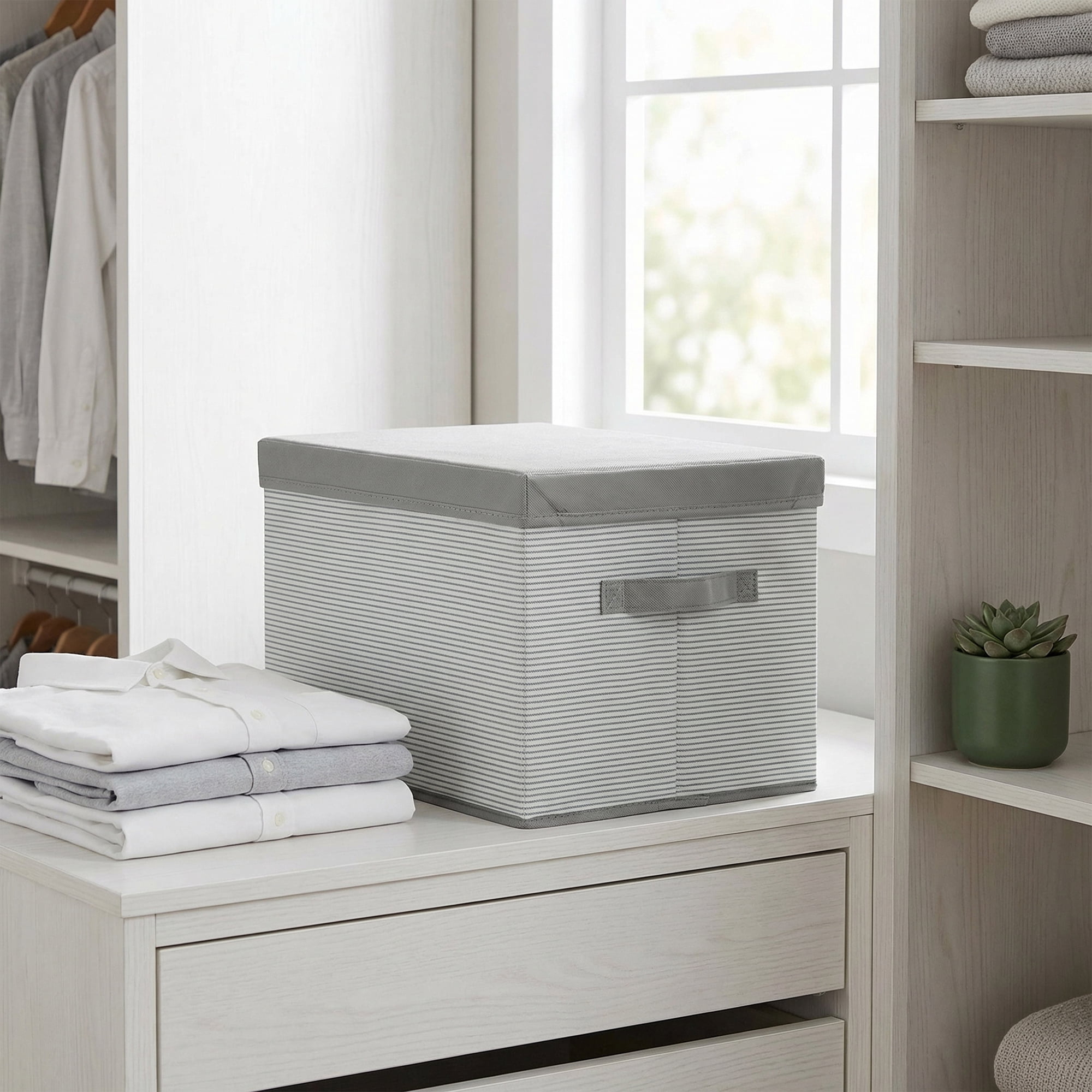 Unique Bargains Fabric Storage Bin with Handles and Lid Grey 17.7*13.8*11in