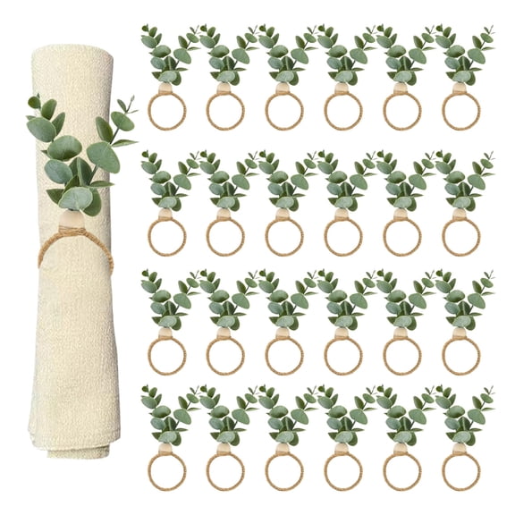 24PCS Napkin Rings with Artificial Eucalyptus Leaf, Wood Bead Farmhouse Easter Napkin Holder for Weddings Christmas Party Table Decoration
