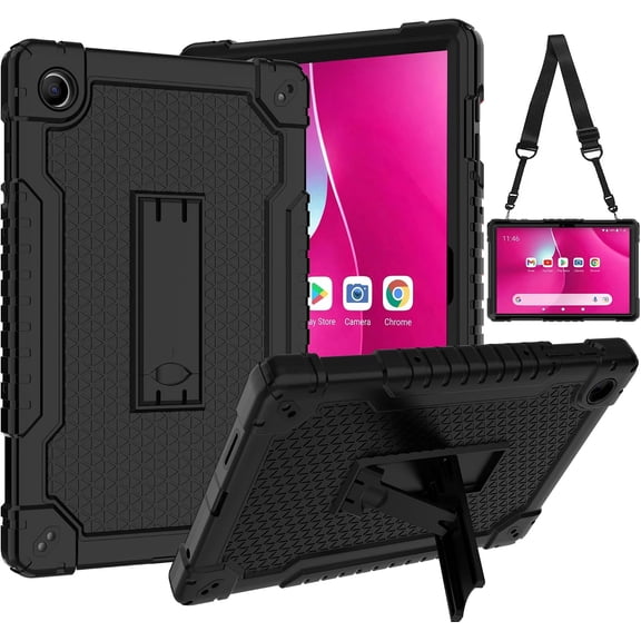 Worcoiy for T-Mobile Revvl Tab 2 Case Kids Shockproof Cover for REVVL Tab 2 5G Tablet Case 10.1 Inch 2025 Built in Kickstand Shoulder Strap Hybrid Protective Cover (Black)