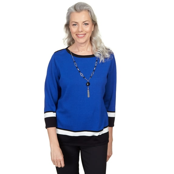 Alfred Dunner Womens Petite Border Stripe Crew Neck Top With Necklace