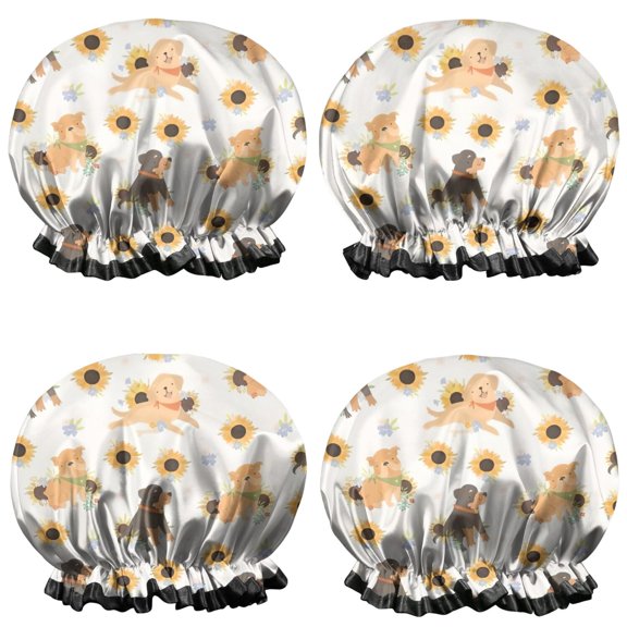 Shower Caps,Dogs with Sunflowers Waterproof Shower Cap for Women 4 Pieces,Double Reusable Hair Cover for Shower PEVA Elastic Stretch Hem