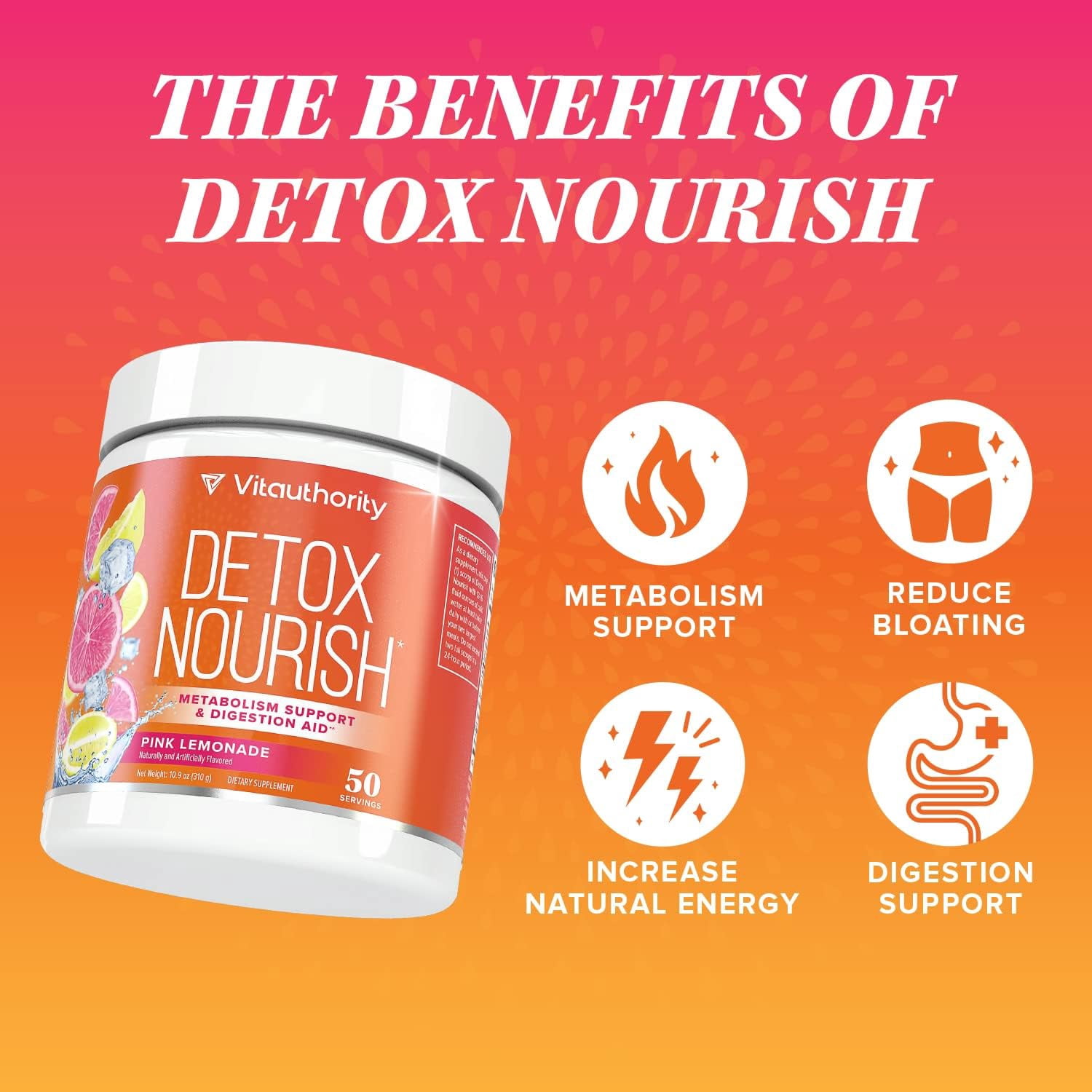 Vitauthority Detox Nourish Dietary Supplement Powder, Metabolism Support & Digestion Aid, Pink Lemonade, 10.9 oz