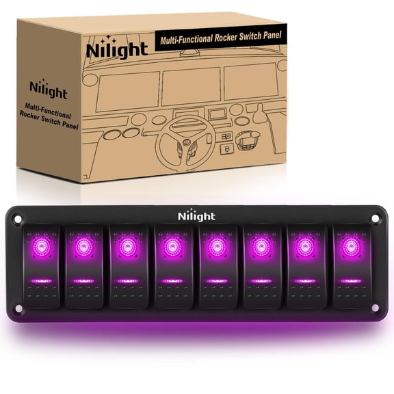 Nilight 8 Gang Rocker Switch Panel with Purple LED Light 5 Pin On Off Pre-Wired Aluminum Toggle Switches Waterproof for 12V/24V Cars Marine Boats ATVs Trailers RV Trucks