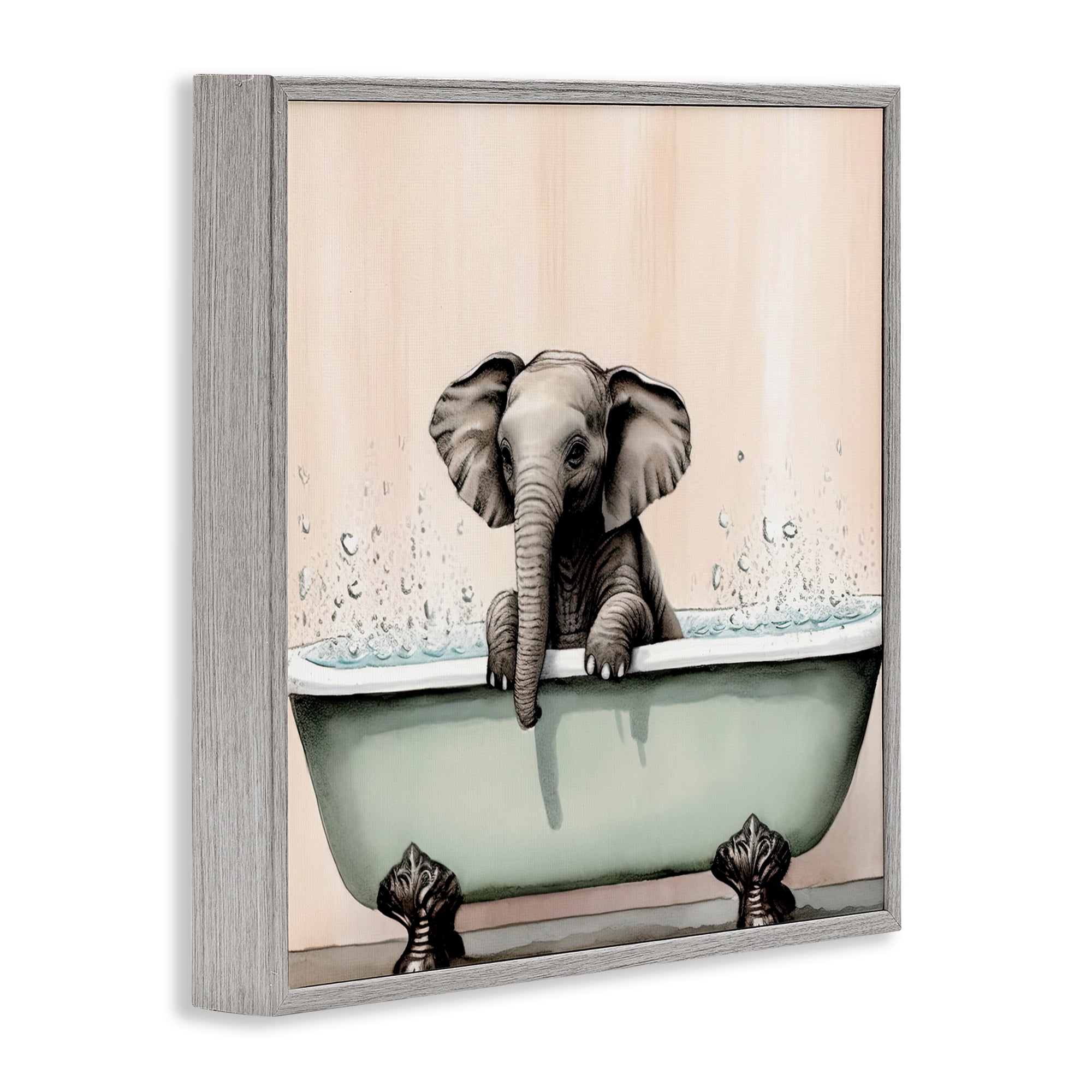 Baby Elephant Bathtime Gray Framed Giclee Art, design by Sasha