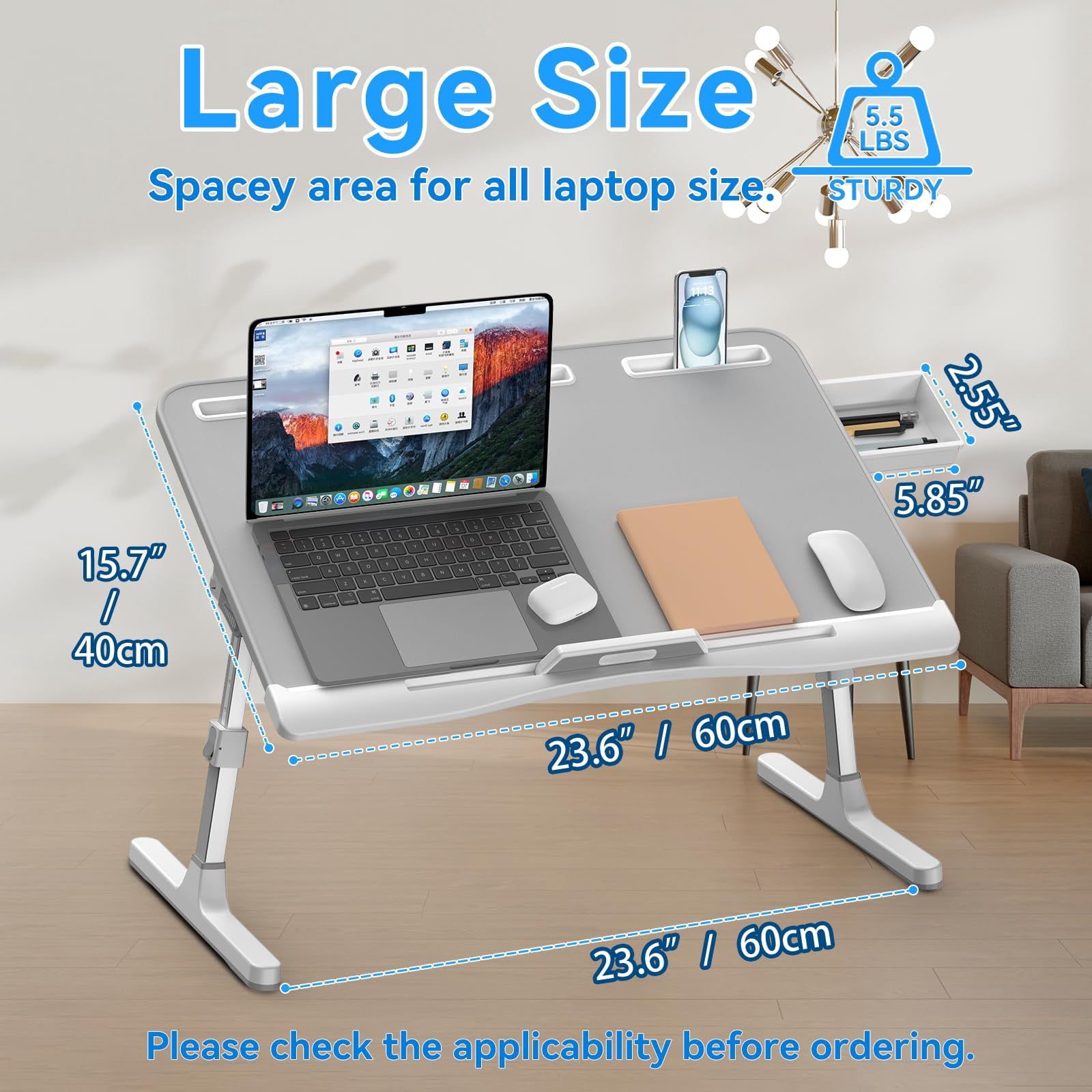 Laptop Desk For Bed  Adjustable Table With Leather Desktop Foldable X-large Trays Drawer Couch Floor Writing Working Reading Eating Painting (gray 23.6"*15.7")