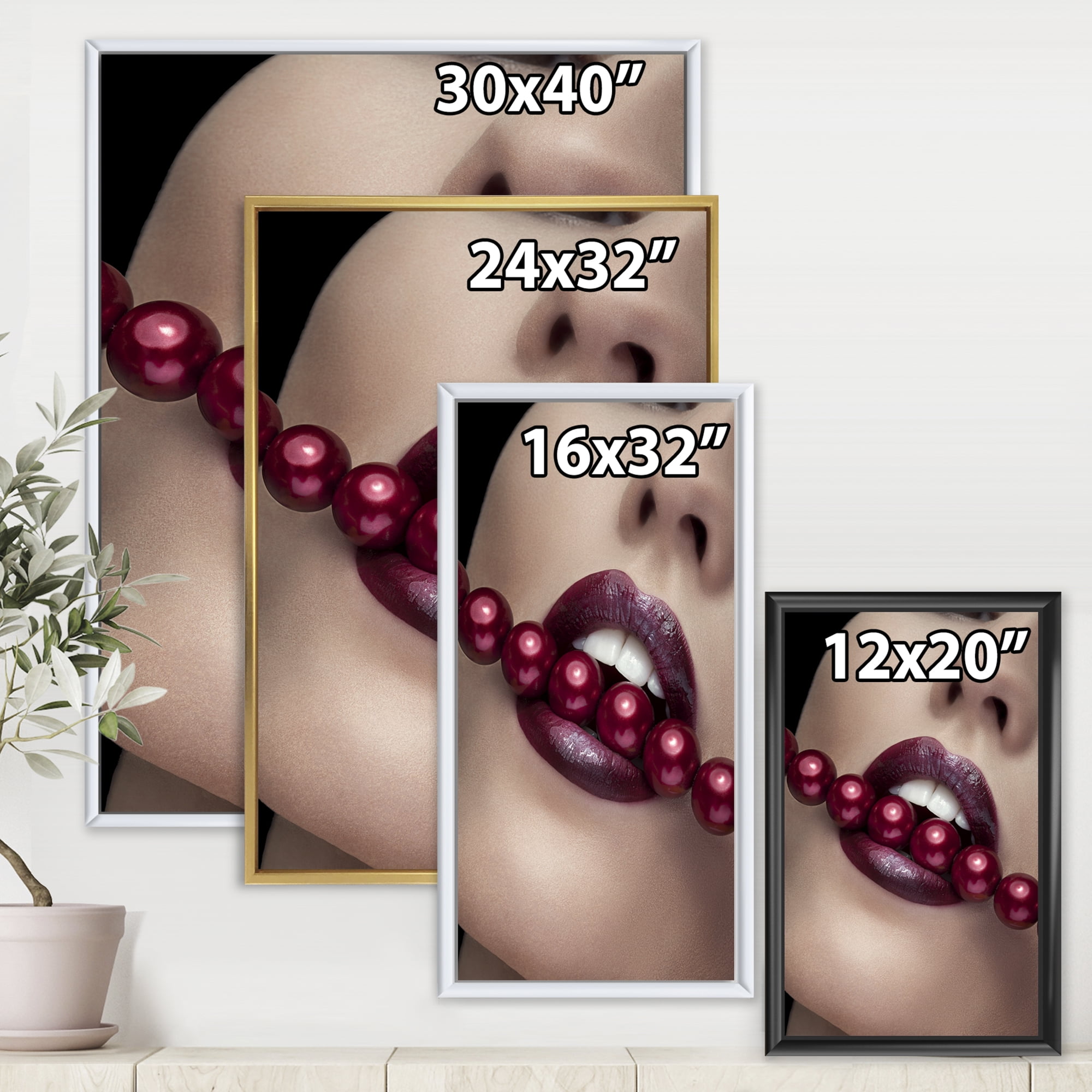 Designart 'Girl Bitting With Red Lips With Red Pearls' Modern Framed Canvas Wall Art Print