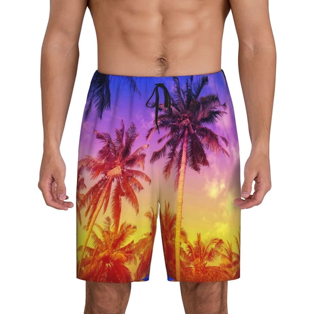 Balery Palm Trees at Sunset Pantalones cortos de pijama de punto de algodón para hombre con cinturilla y bolsillos-4X-Large