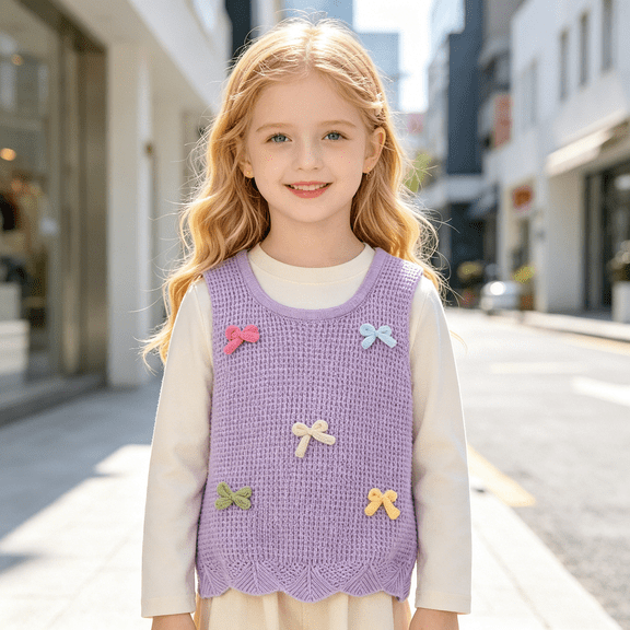 AUDeals Girls 3D Bow Knit Sweater Vest - Round Neck Sleeveless Pullover for Kids Casual Layering Outfit Everyday Wear
