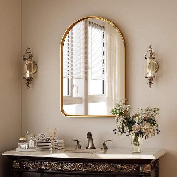 LUDYSHARE 30x20" Arched Gold Bathroom Mirror for Wall - Aluminum Alloy Framed, Explosion-Proof, Fog-Resistant Vanity Mirror for Living Room, Bedroom, Entryway