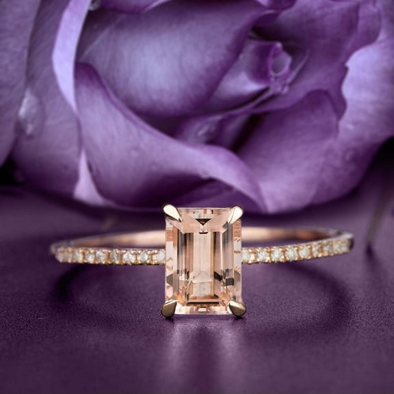 Dazzling Art Deco 1.25 Carat Emerald Cut Morganite And Diamond Moissanite Antique Engagement Ring, Wedding Ring in 925 Sterling Silver With Rose Gold Plating, Promise Ring, Anniversary Ring