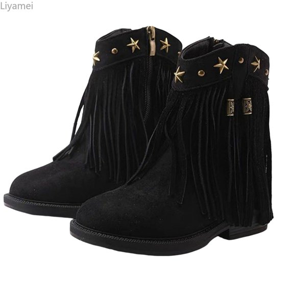 Liyamei Toddler Girls Cowgirl Ankle Boots Side Zip Lined Tassel Non Outdoor Comfortable 4-12 Years