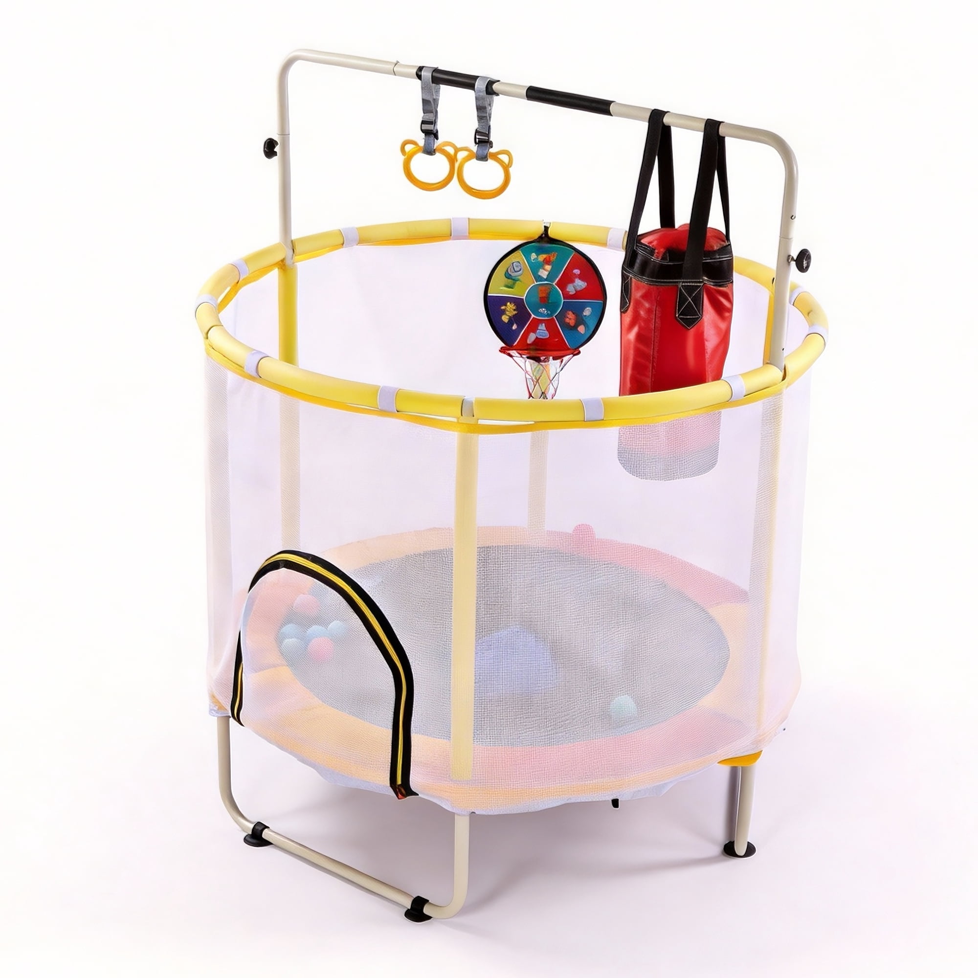 54 Inch Kids Trampoline with Safety Net, Multifunctional Toddler Trampoline with Basketball Hoop, Boxing Bag & Adjustable Gym Bar, Indoor Outdoor Jumping Toy Gift for Boys Girls