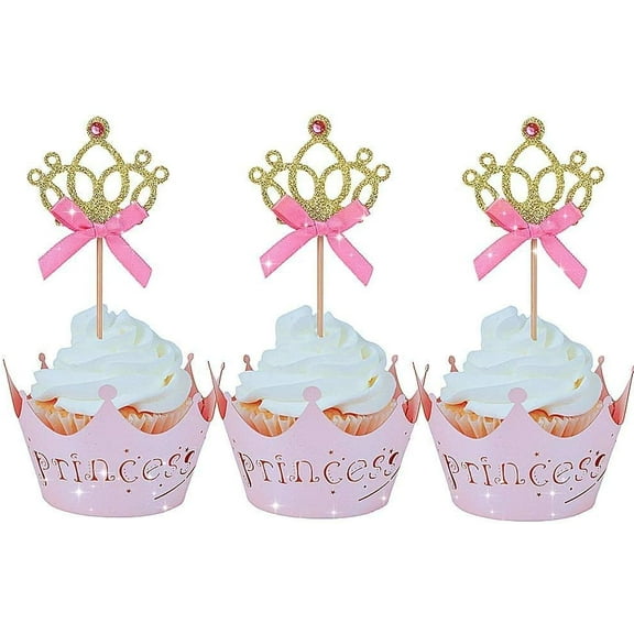 Pink Crown Theme Cupcake Decoration Set - 40 Pieces Including Cup Holders and Toppers for Party Dessert Table Creative Decoration